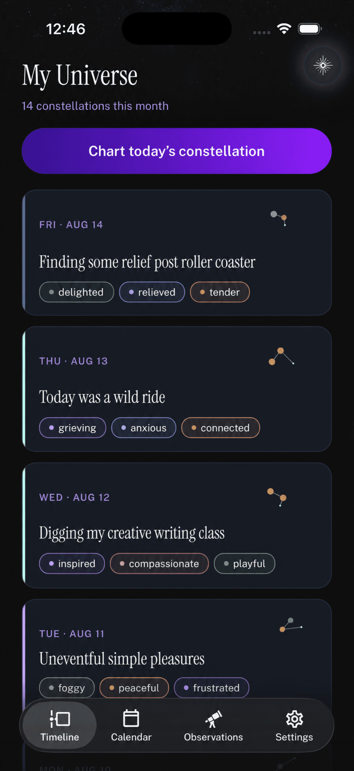 Universe Within timeline showing daily constellation entries
